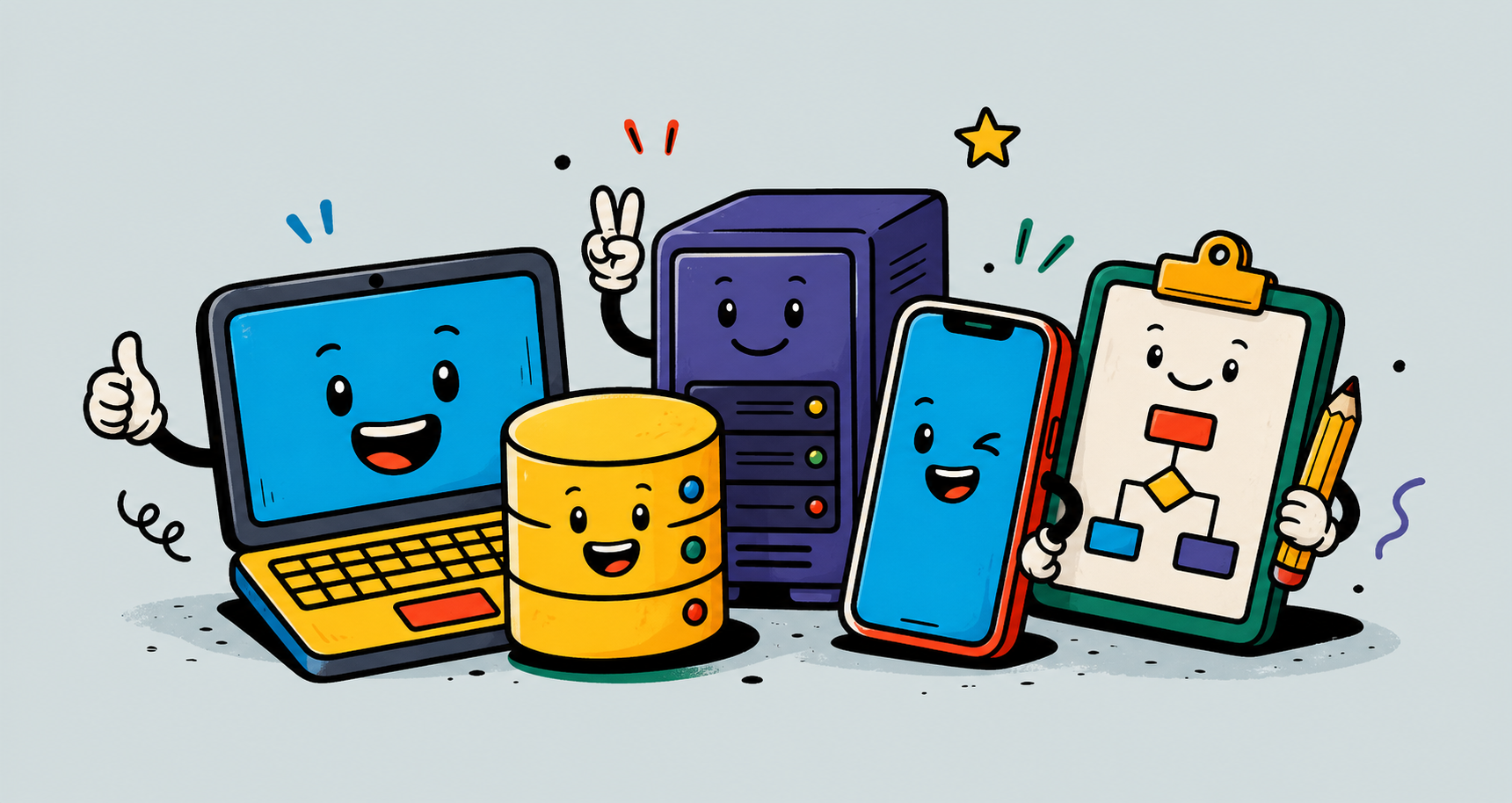 Ilustrasi karakter teknologi ramah: laptop, database, server, smartphone, dan clipboard analisis.